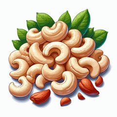 Vibrant  digital  illustration  of  a  heap  of  cashews  with  leaves  and  some  pieces  of  other  nuts.