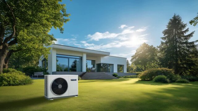 Technik trifft Design: W&auml;rmepumpe am modernen Wohnhaus. K&uuml;nstliche Intelligenz KI