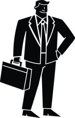 Business Silhouette Vector Confident Suit & Tie Figure Holding Briefcase with Hand on Hip