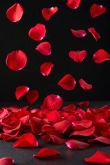 Fototapeta premium Dramatic falling red rose petals against pure black background creating elegant romantic atmosphere, perfect for luxury wedding design and premium advertising campaigns with sophisticated floral textu