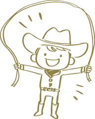 Obraz premium Cheerful child wearing cowboy hat and holding lasso, smiling happily with arms outstretched, simple line drawing style, conveying joy and adventure, suitable for children illustrations or playful