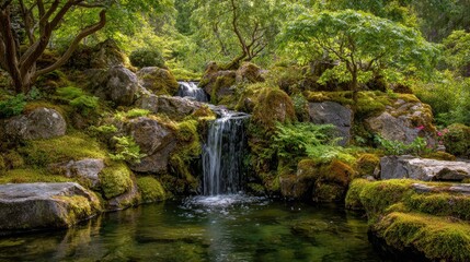 Naklejka premium Tranquil garden waterfall cascading over mossy rocks