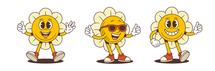 Flower mascots with bright yellow faces and cream petals express positivity and confidence with thumbs-up poses. Ideal for branding, marketing, and fun character design projects. Vector illustration