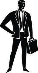 Business Silhouette Vector Confident Suit & Tie Figure with Briefcase and Hand in pocket