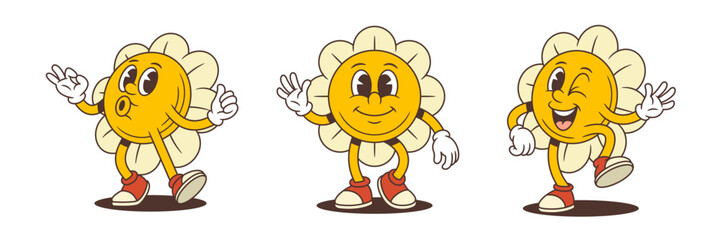 Flower mascots with bright yellow faces and cream petals showcase friendly waves, peace signs, and dancing poses. Perfect for branding, kids content, and fun character designs. Vector illustration