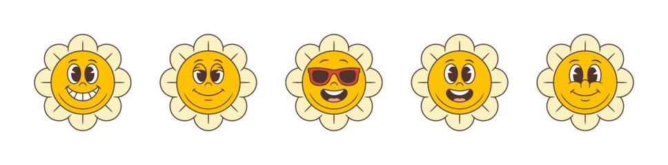 Five lively flower mascots express joy, calm, confidence, enthusiasm, and contentment through unique poses and facial expressions. Ideal for branding, education, and engaging visual storytelling