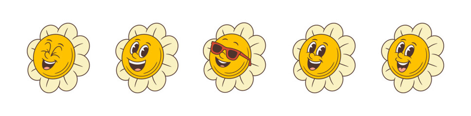Five flower mascots showcase playful and friendly personalities with expressive faces and trendy accessories. Perfect for branding, marketing or digital projects targeting fun and engaging themes