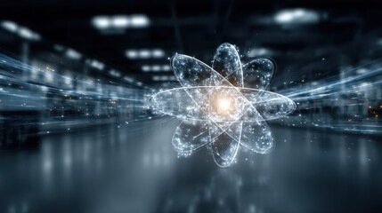 Futuristic depiction of single-atom photocatalysis in a clean energy research facility harnessing sunlight for chemical reactions