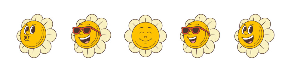 Five cartoon flower mascots featuring playful expressions from excited to relaxed, enhanced with stylish sunglasses and bold outlines. Ideal for branding, social media or educational projects