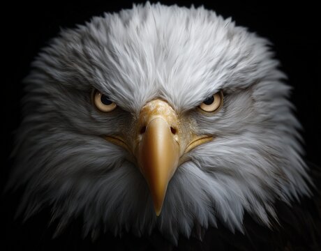 Detailed portrait of a bald eagle staring intensely, isolated on black background, symbolizing power, vigilance, and freedom. Generated by AI