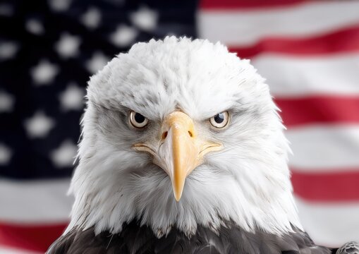 Detailed portrait of a bald eagle staring intensely, isolated on usa. flag background, symbolizing power, vigilance, and freedom. Generated by AI