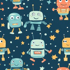 Playful Robot Friends Seamless Pattern for Boys Nursery Decor � Adorable Robot Theme Background Design