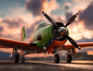 Fototapeta premium Vintage propeller plane, sunset backdrop
