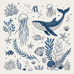 Ocean Life: Exquisite Whale, Jellyfish, and Coral Reef Illustration - Perfect for Prints & Design Projects