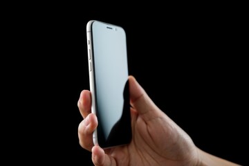 Hand holding modern smartphone on black background for technology and communication design