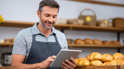 A smiling baker wearing an apron uses a tablet while standing behind a display of fresh bread in a bakery.