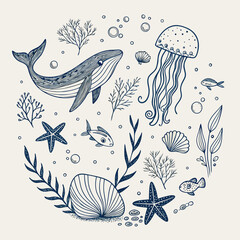 Ocean Life: Whale, Jellyfish, Starfish, Seaweed Line Art Illustration