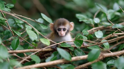 A curious baby monkey peeks through dense green foliage, surrounded by branches in a natural forest setting.