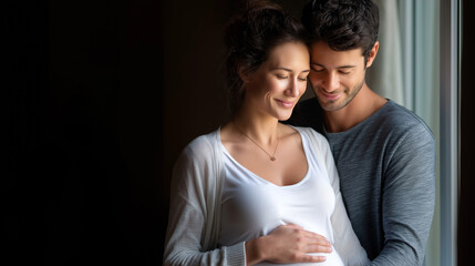 A loving husband embraces his pregnant wife's belly in soft light