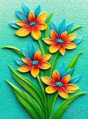 Three vibrant flowers in orange, yellow, and teal, sculpted and painted on a teal background