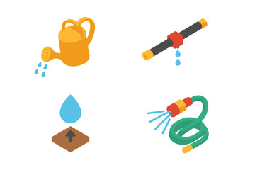 Irrigation tools icon set. Isometric flat vector illustration of gardening equipment. Watering can, drip irrigation tube, garden hose, and soil moisture symbol for farm.