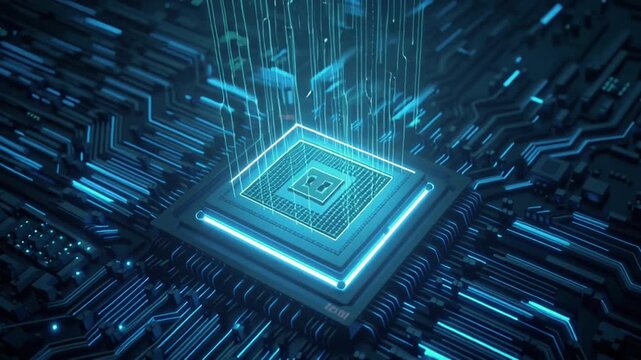 A glowing CPU futuristic blue circuit board monolith, AI signals. Electric board neural synapses, data paths. deep tech blue gradient binary code particle fog. Cinematic top-down futuristic interface