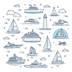Watercraft Collection: Boats, Yachts, Sailboats, Ships, and Lighthouse Line Art Illustration