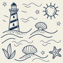 Coastal Illustration: Lighthouse, Seashells, and Starfish Drawing