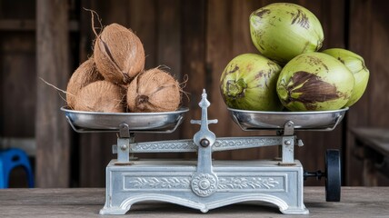 local coconut market Vintage scale balancing coconuts and husks, showcasing rustic charm and agricultural themes.