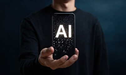 Person holds a phone displaying "AI" with glowing particles