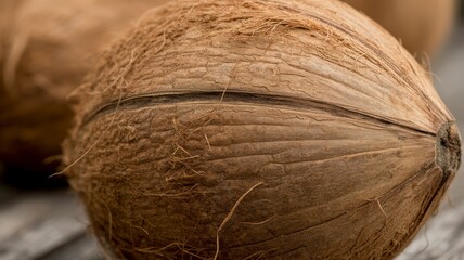 local coconut market Close-up of a textured coconut shell displaying natural fibers and earthy tones.