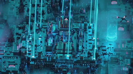 A CPU glowing architecture, complex 3D circuit board futuristic city. Laser lights scan surface drones fly components. Glowing blue holograms data spiral Hi-tech vector, isometric angle, ambient fog - Powered by Adobe