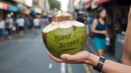 local coconut market A hand holds a coconut with "MEAT OUT SCOOPED" written on it, amidst a busy street scene.