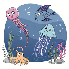 Charming Ocean Friends: Underwater Illustration of Octopus, Jellyfish, and Fish