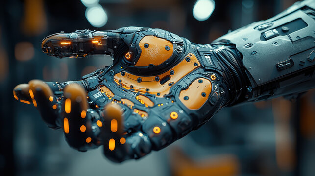 Craftsperson assembles mechanical prosthetics in high-tech workshop for biopunk film character creation