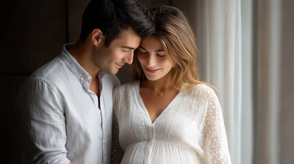 A loving husband embraces his pregnant wife's belly in soft light