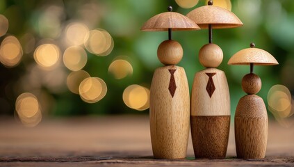 Wooden family figures under umbrellas