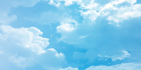 Storm clouds in the sky, Dramatic rain, Bright Flash shining light for design concept, panoramic view of clear blue sky and clouds, pastel white fluffy clouds