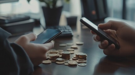 human hands holding phone stack of coins from money