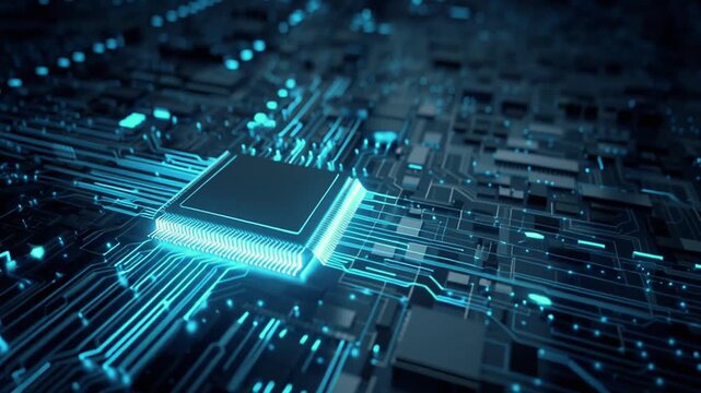 A CPU chip neon-blue glowing edges heart, vast dark-blue motherboard. luminous circuit waves board, activating glowing Semi-transparent AI data holograms Vector tech style, cinematic sci-fi mood