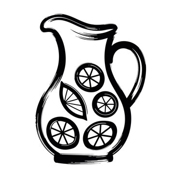 Pitcher with lemonade depicted in an illustration of a black and white pitcher with lemonade, agua de limon en jarra, containing lemon slices and refreshing drink.