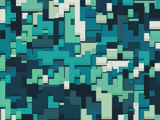 Abstract geometric pattern featuring overlapping rectangles and squares in shades of blue, teal, and white, creating a textured, layered effect.