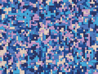 Abstract digital camouflage pattern featuring a blend of blue, purple, and beige pixelated shapes arranged in a random, mosaic-like design.