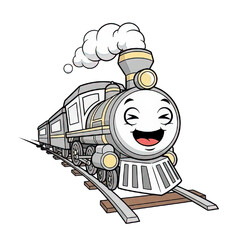 A happy cartoon steam train with a smiling face chugs along a railway track, puffing smoke.