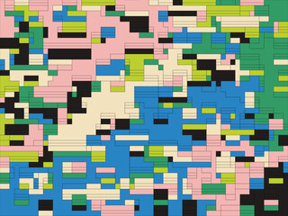 Abstract geometric pattern featuring a mosaic of colorful rectangles and lines in blue, pink, green, black, and beige.