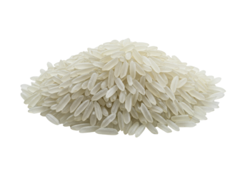 Precisely arranged pile of transparent parboiled long-grain rice, each grain sharply defined and elongated, isolated on a transparent minimalist background with bright shadowless light, concept of