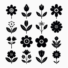 Minimalist floral icon collection. A set of simple black and white graphic flowers with stylized blossoms and minimal stems. Vector elements.