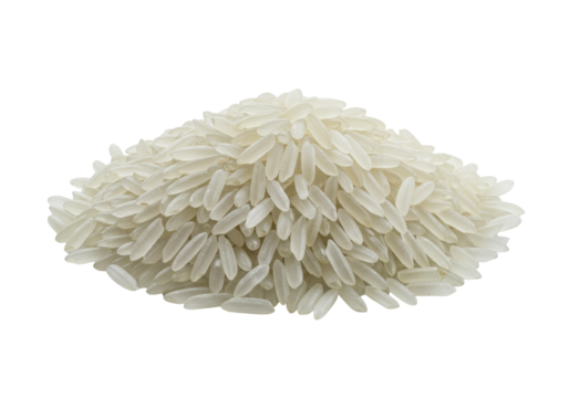 Precisely arranged pile of transparent parboiled long-grain rice, each grain sharply defined and elongated, isolated on a transparent minimalist background with bright shadowless light, concept of - Powered by Adobe