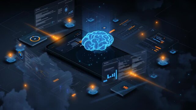 AI powered isometric illustration showcasing advanced technology with data visualization elements and digital interface icons