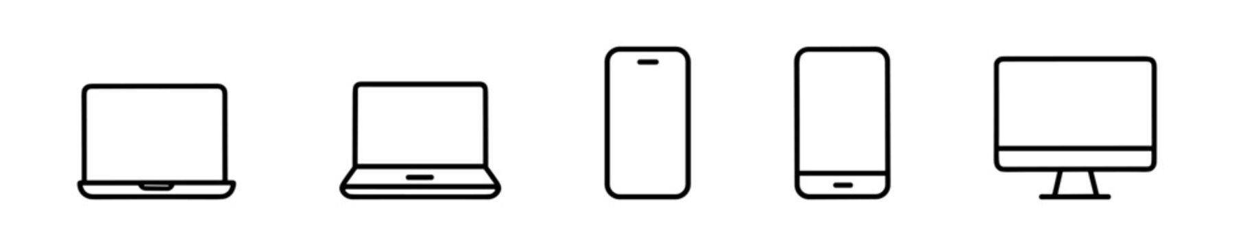 Set of black outline icons depicting laptops, smartphones, and desktop computer monitor in modern style